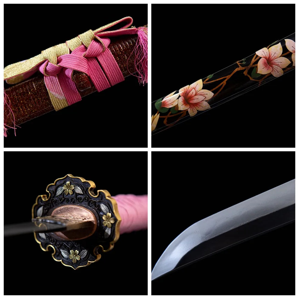 Four grid collage of sageo, peach print, gold floral tsuba & blade tip