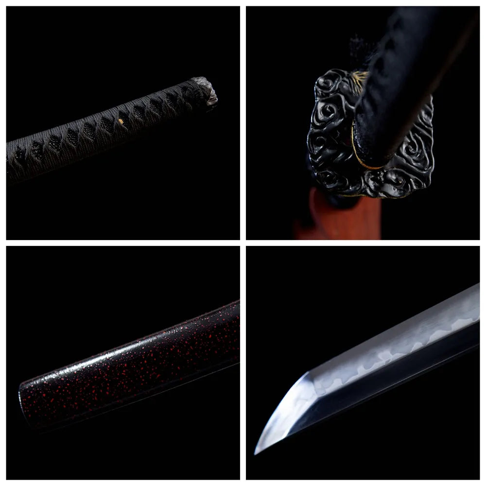 Four grid collage dragon tsuba, tsuka, saya & blade tip close-ups