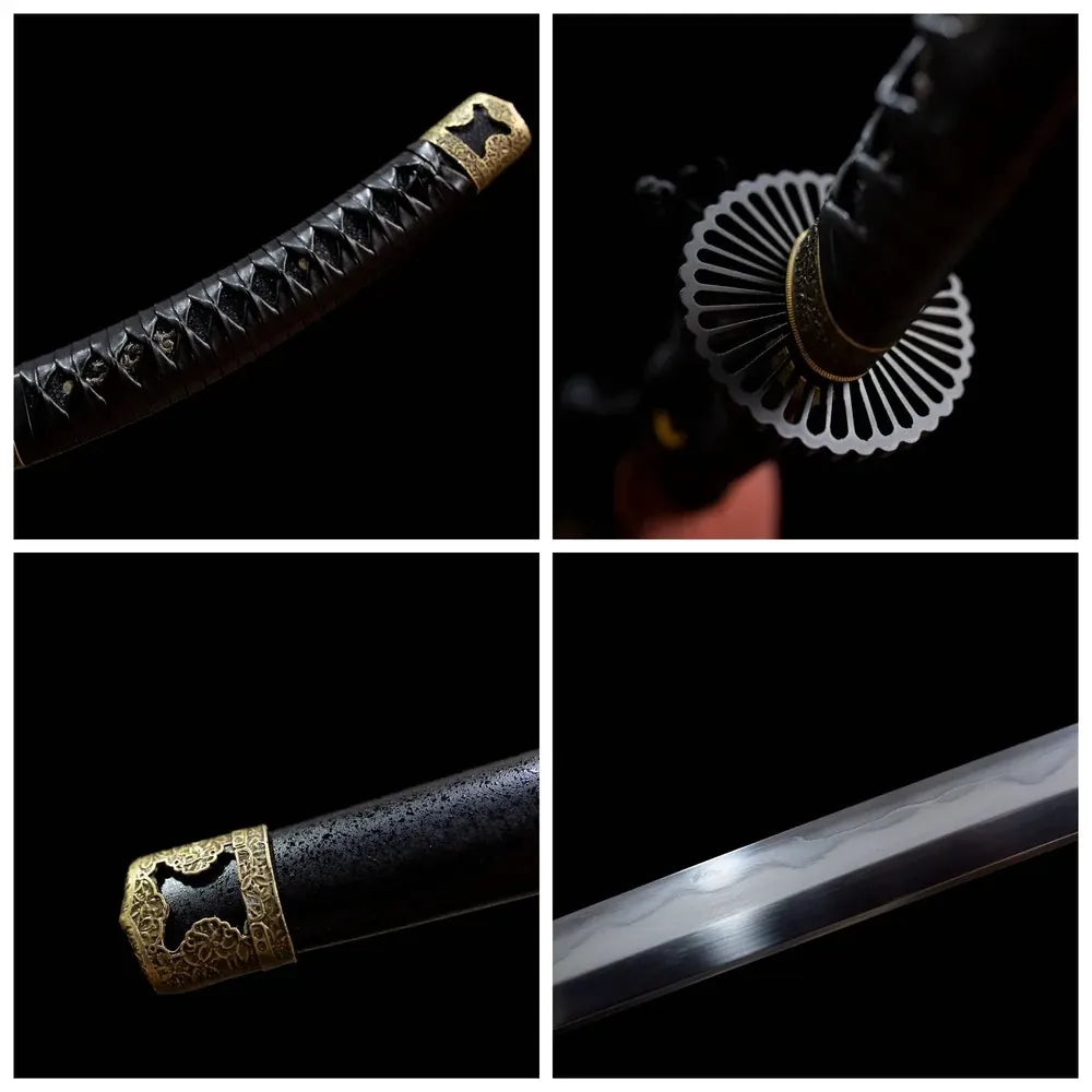 Four‑grid collage plain matte‑dark alloy tsuba, charcoal‑black ito tsuka, full matte‑black pattern‑free saya, midare irregular hamon blade close‑up details