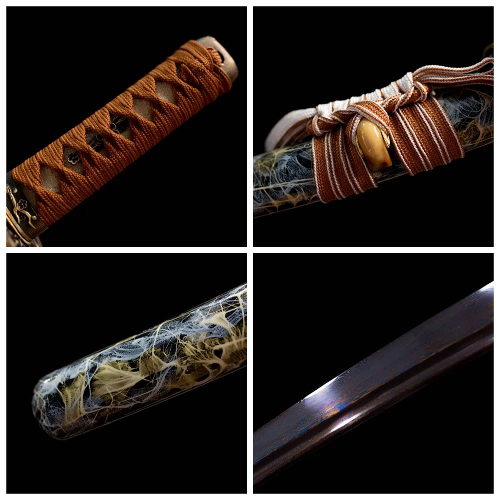 Four‑grid collage plum‑blossom open‑work brass tsuba, tan‑orange ito tsuka, agate‑veined resin‑hardwood saya, blued‑steel blade close‑up details