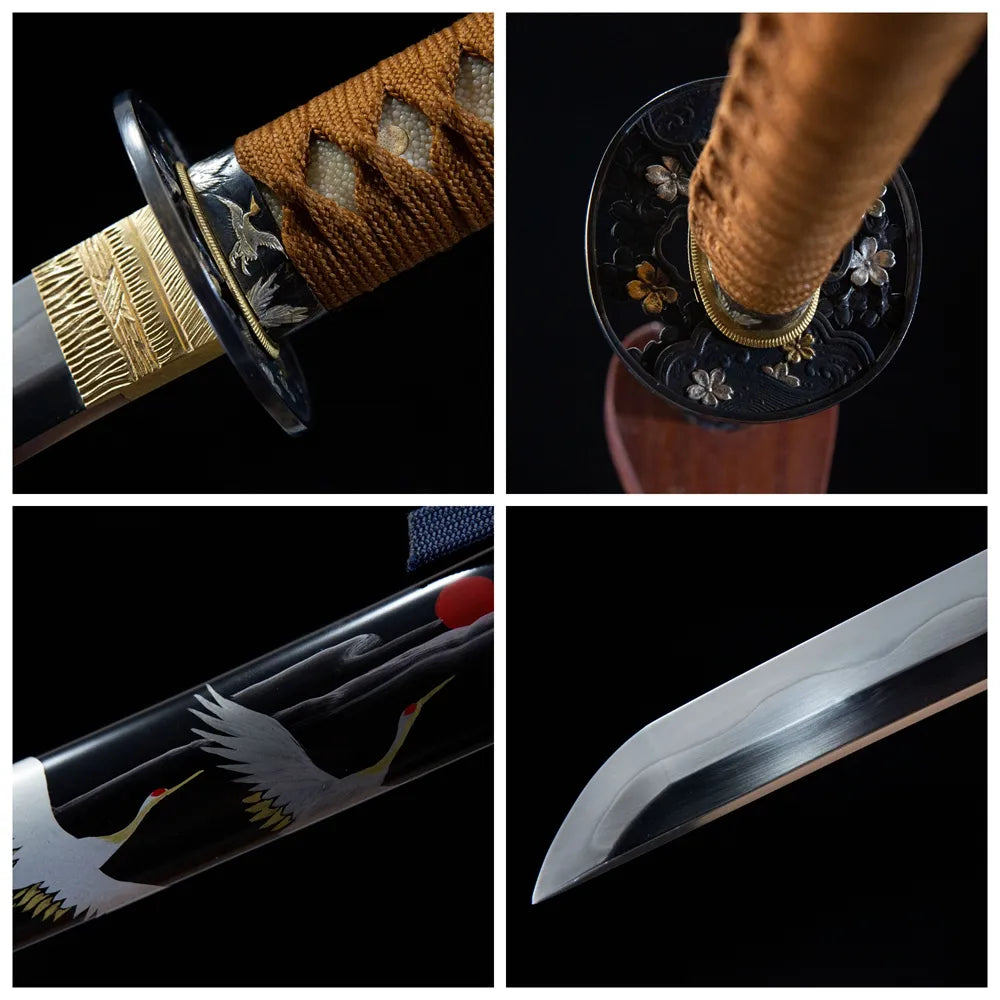 4-grid collage Crane gilt silver crane tsuba ray skin tsuka notare blade full cow horn botanical saya