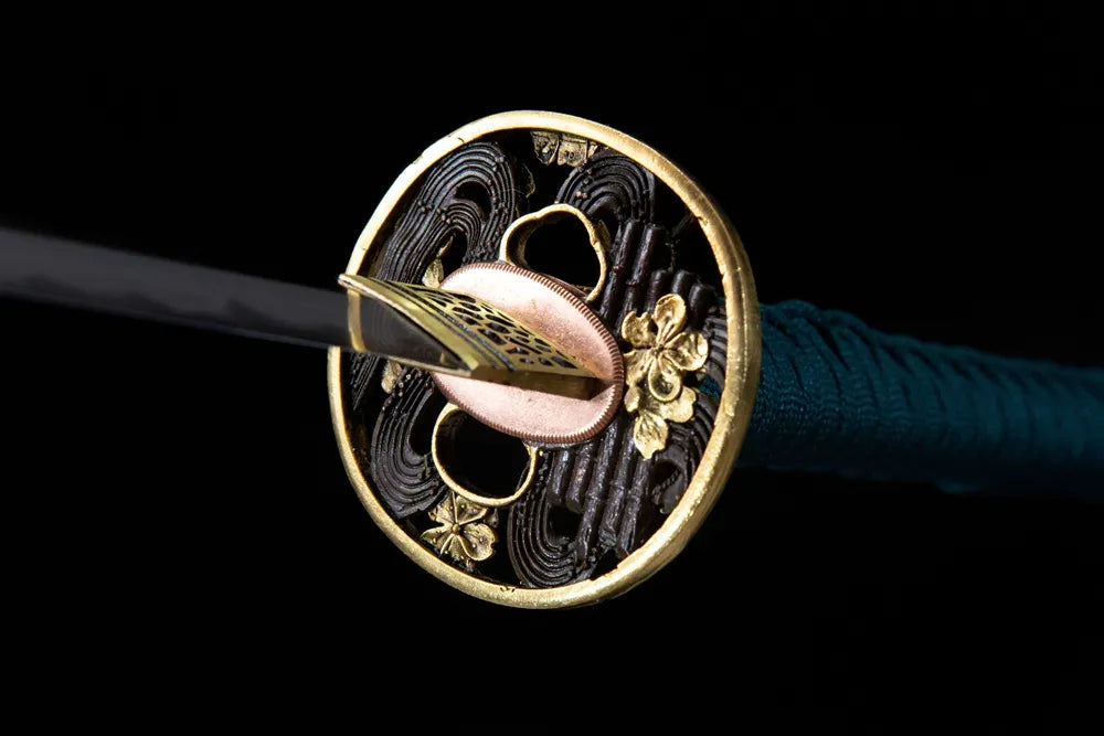 Front side hollow carved sakura gilded brass hand guard