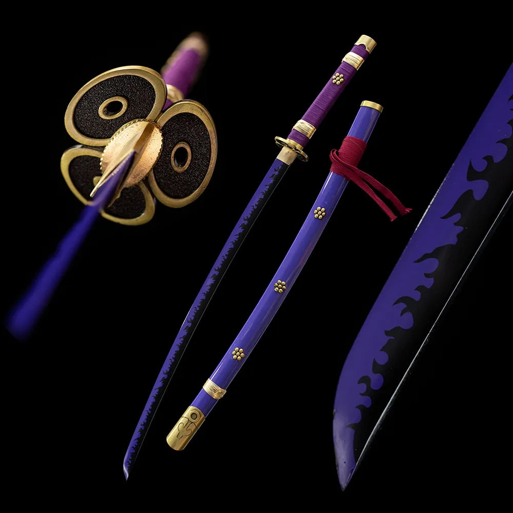 Enma Zoro demon katana drawn blade deep burgundy red saya full black‑background studio shot