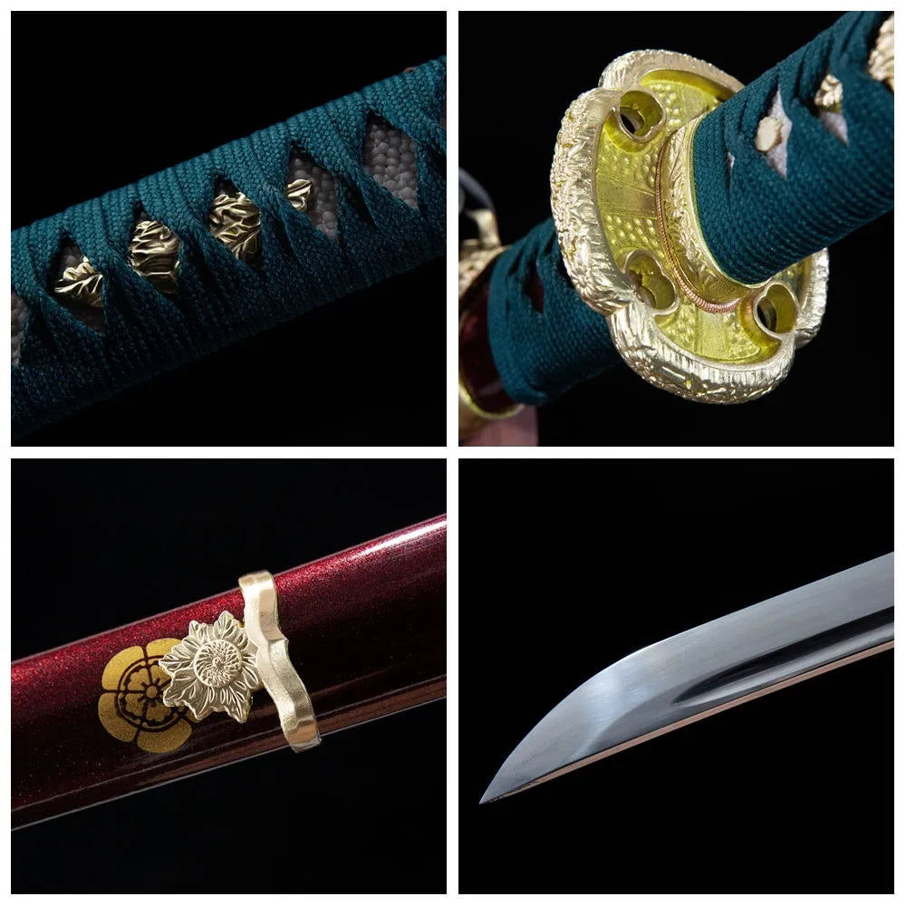 4-grid collage Red Dance gilded floral brass tsuba dark green samekawa tsuka burgundy sparkle saya plain mirror T10 blade