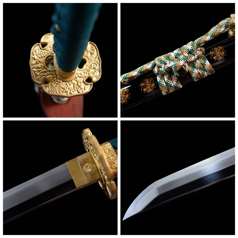 Four grid collage golden tsuba, sageo, tsuka and saya flower print