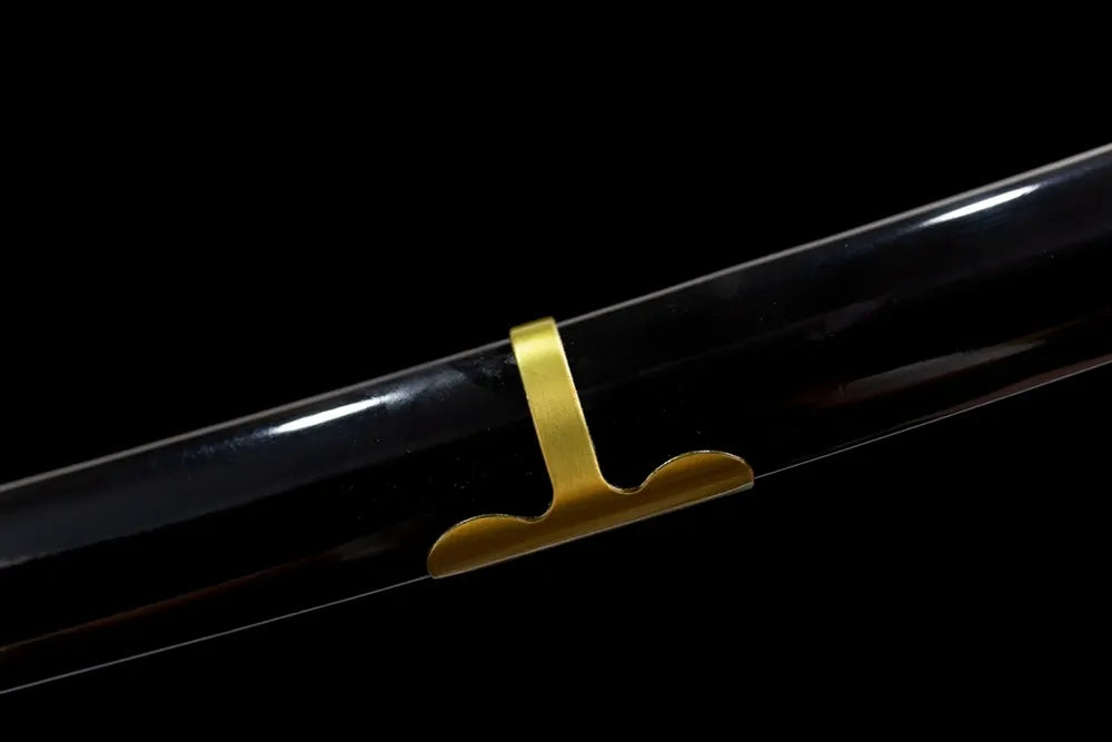 Mid‑section high‑gloss black lacquer hardwood saya brass decorative bands texture