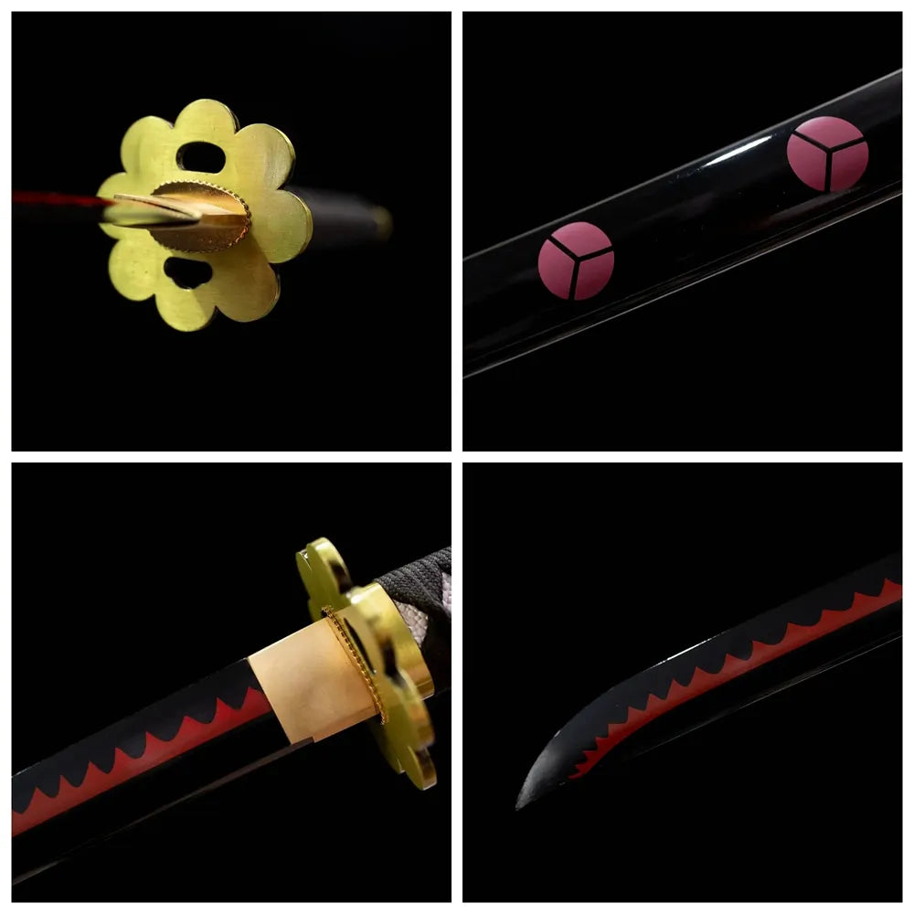 Four grid collage matte black tsuba, black tsuka, matte saya, black hamon blade close ups