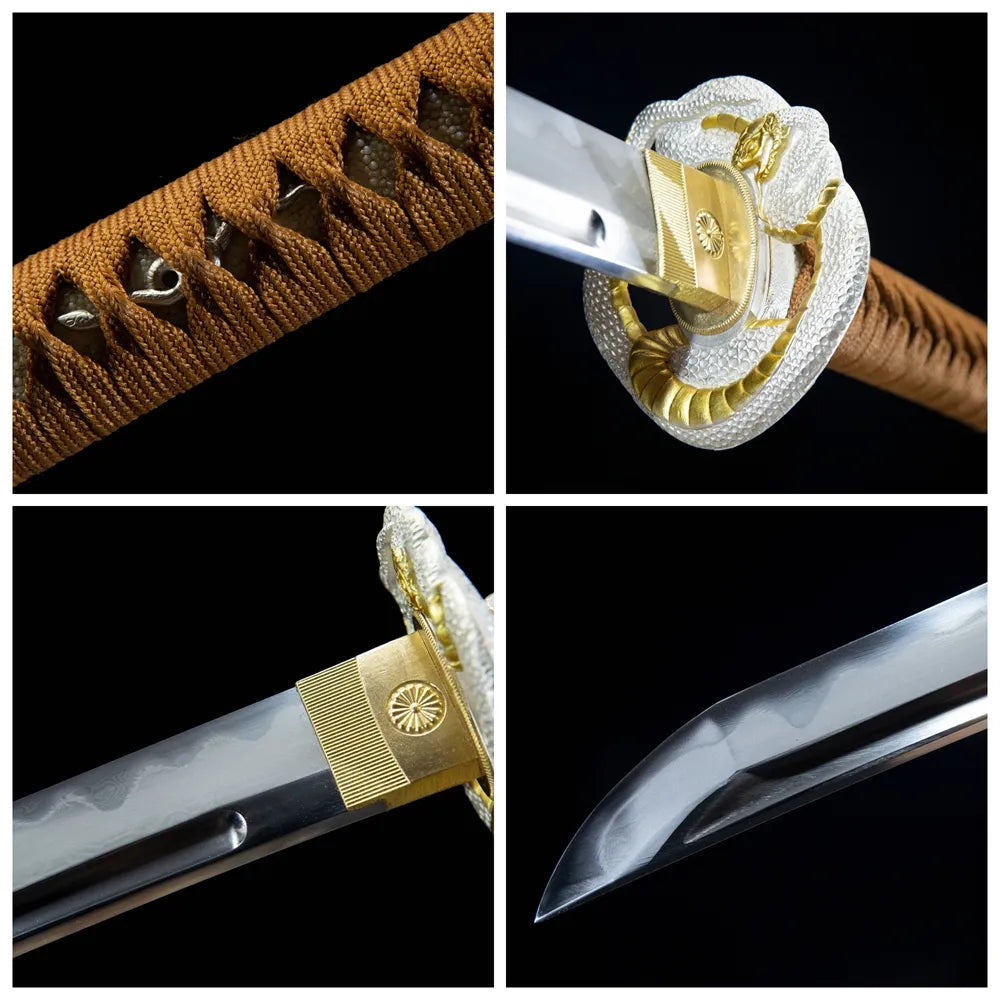 4-grid collage snake katana close-up details