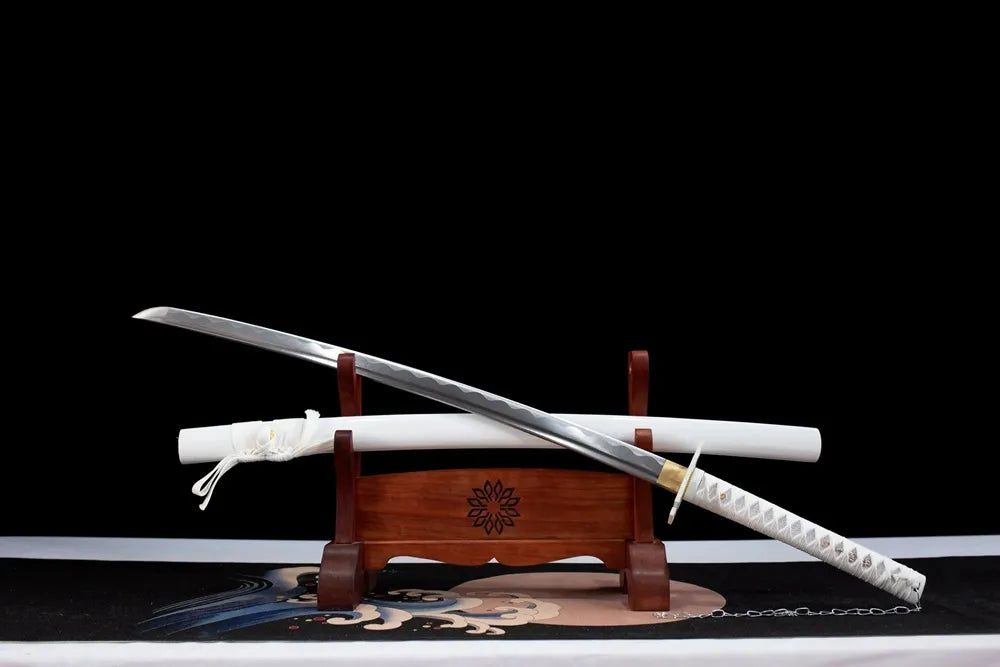 45° angled open shot white Tensa Zangetsu anime sword full‑size display