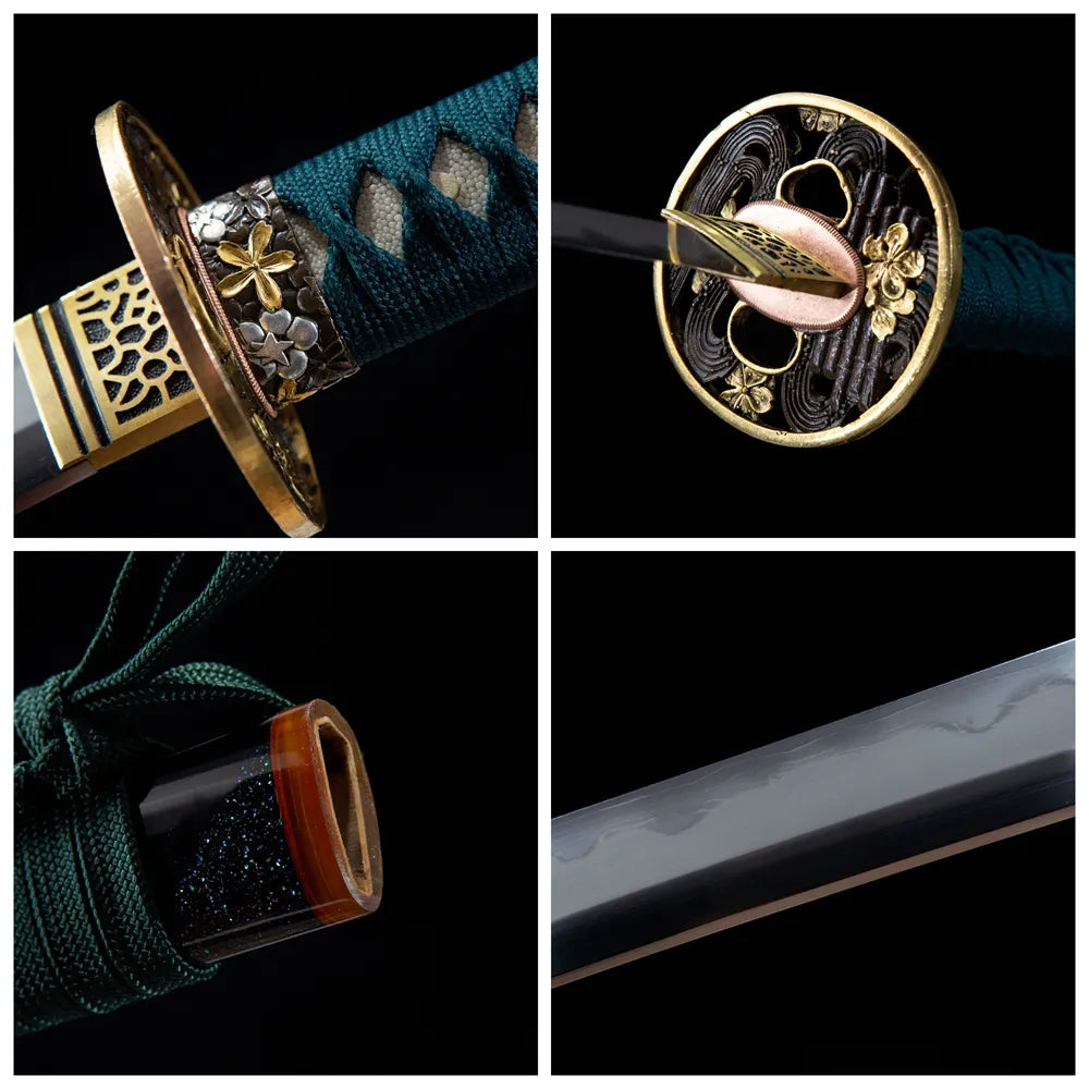 4-grid collage Sakura gilded hollow brass tsuba dark green tsuka notare blade black glitter saya
