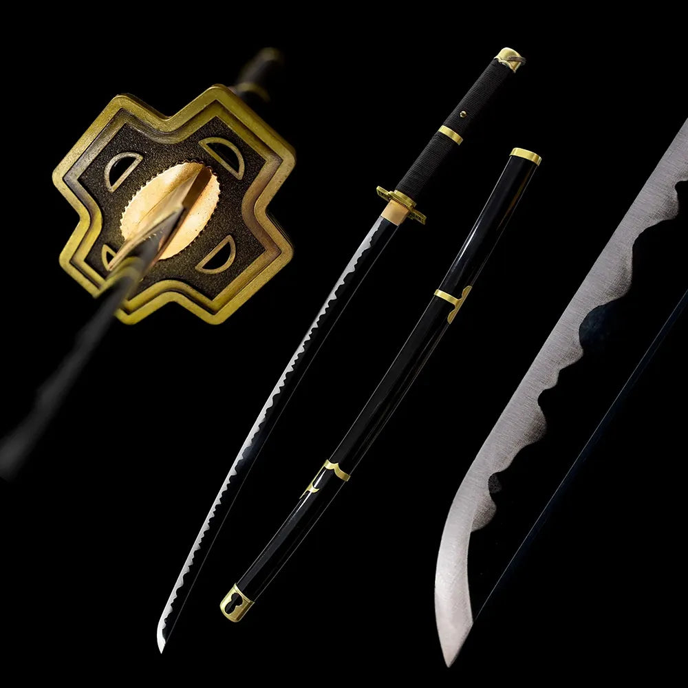 Yubashiri Zoro katana drawn blade black lacquer antique brass fittings full black‑background studio shot