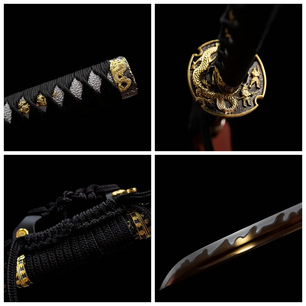 Four‑grid collage 3D gilded dragon‑relief alloy tsuba, black ito tsuka, black‑gold speckled saya, t10 hamon blade close‑up details