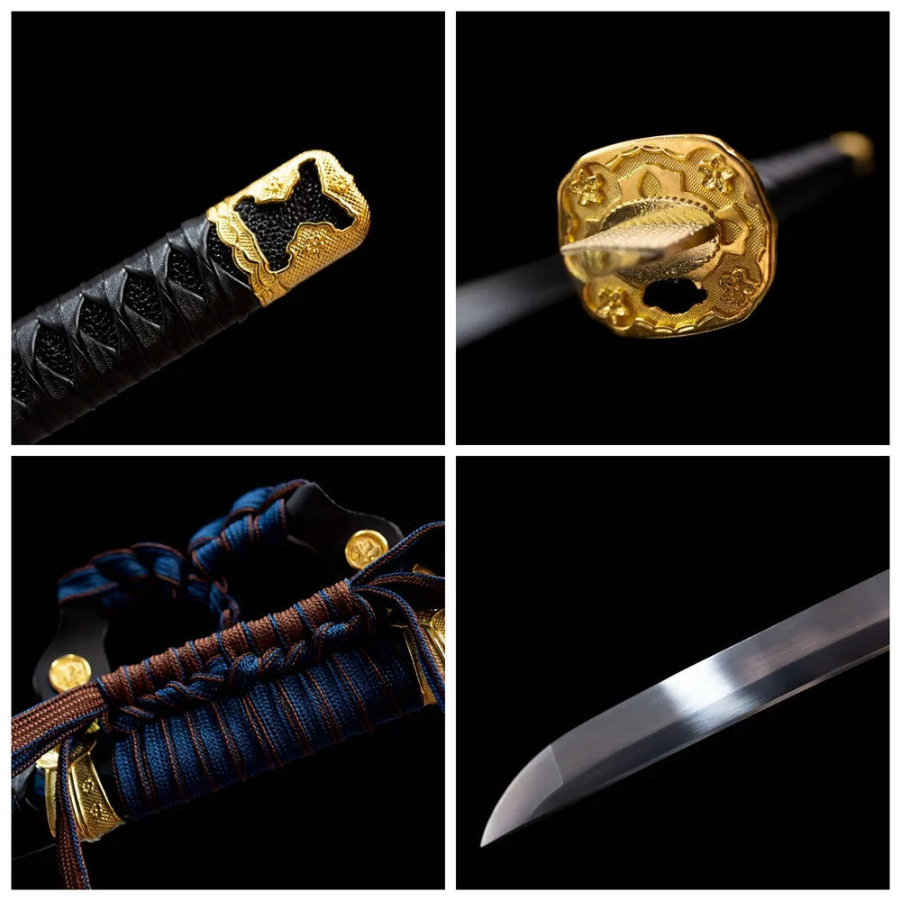 Four‑grid collage gilded chrysanthemum‑mon brass tsuba, black ito tsuka, deep‑blue gilded‑mon saya, polished 1060‑steel blade close‑up details