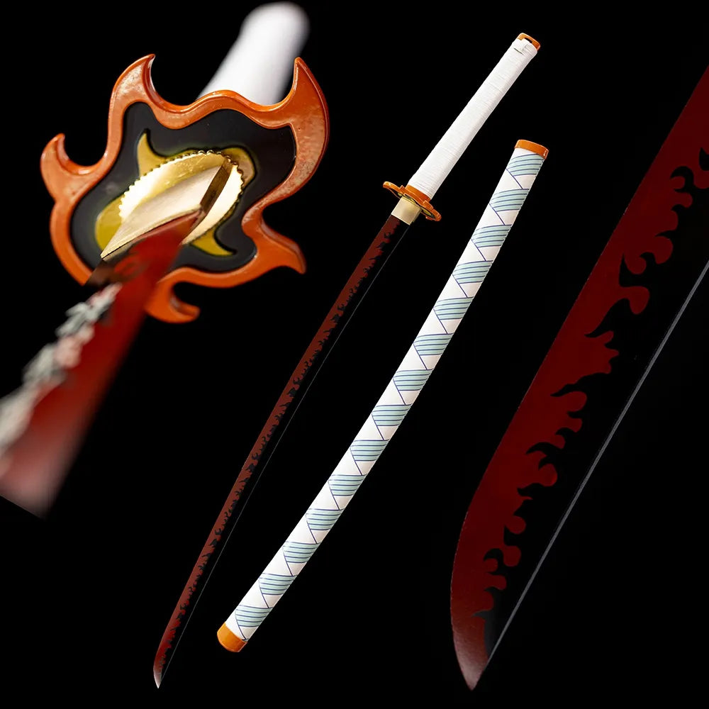 Rengoku Kyoujurou flame hashira nichirin katana drawn blade white wave‑print saya full black‑background studio shot