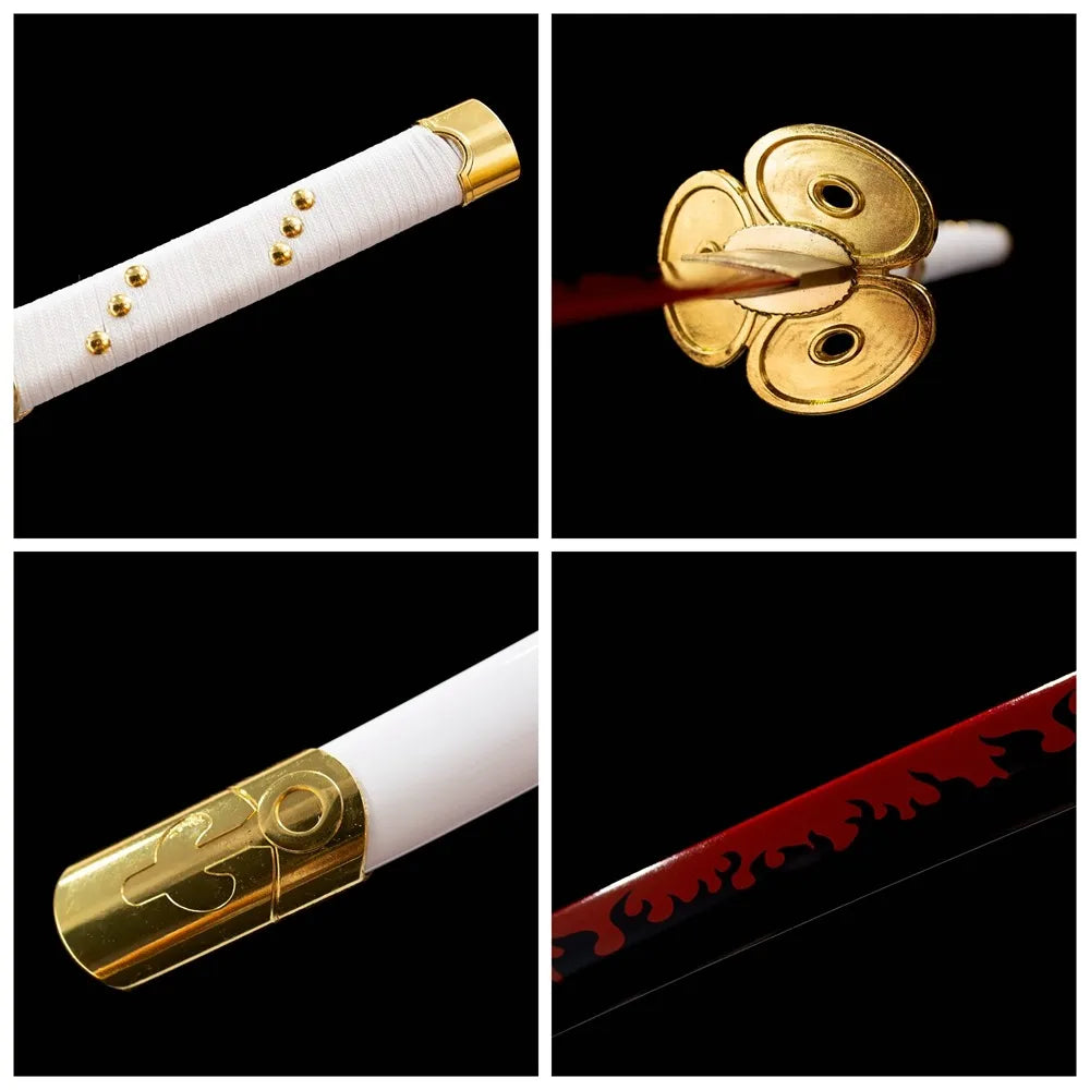 Four‑grid collage trefoil flower gold tsuba, white tsuka, white saya, red blade pattern close‑ups