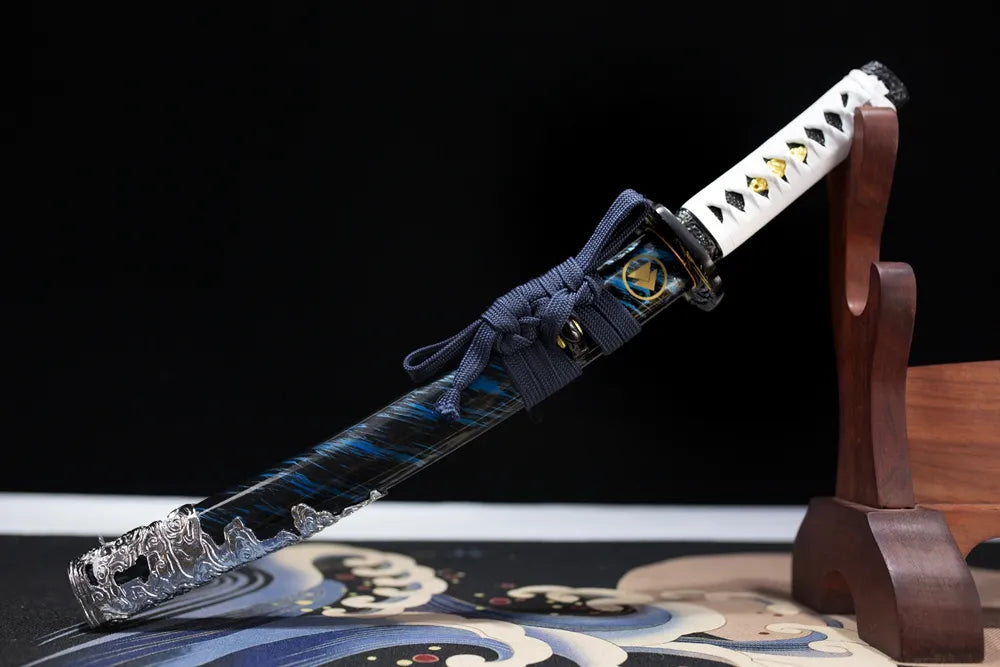 45° front fully sheathed matching short Ghost‑Of‑Tsushima‑inspired wakizashi placed on carved wooden sword display stand