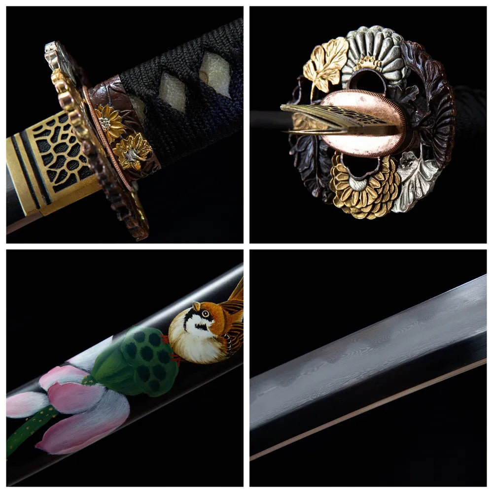 4-grid collage Lotus Sparrow brass embossed tsuba beige tsuka gunome blade green lotus saya