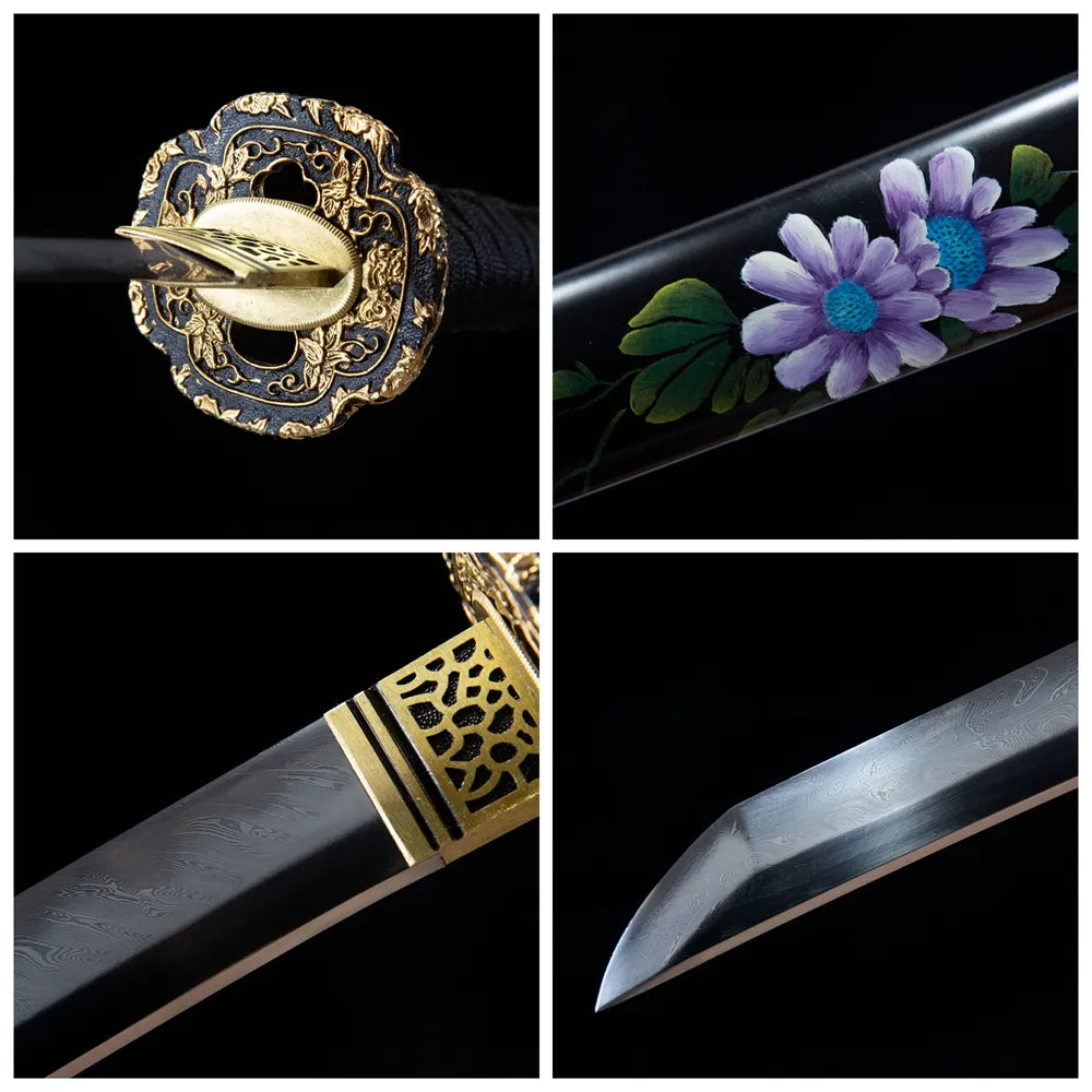 4-grid collage golden mantis hollow brass tsuba black tsuka damascus blade black chrysanthemum saya