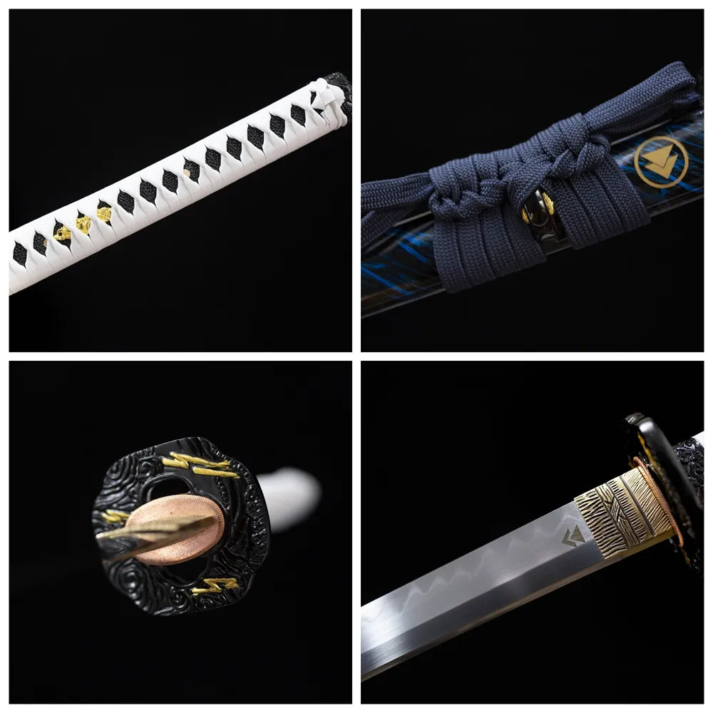 Four‑grid collage cloud‑pattern black‑gold aged‑alloy tsuba, white cotton ito tsuka, deep‑blue flow‑grain saya, sanbonsugi hamon blade close‑up details long katana