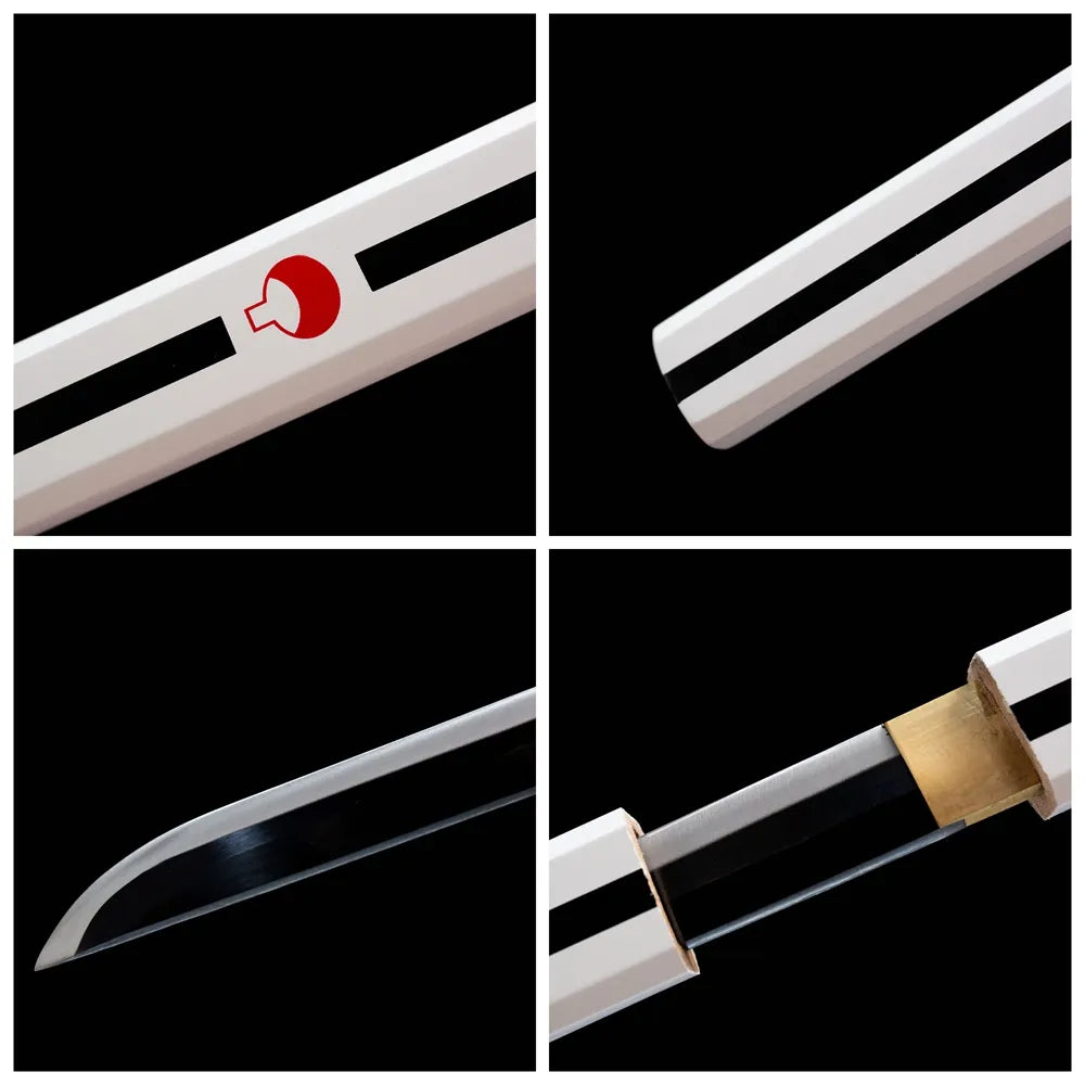 Four grid collage white scabbard clan print, blade metal fitting macro details