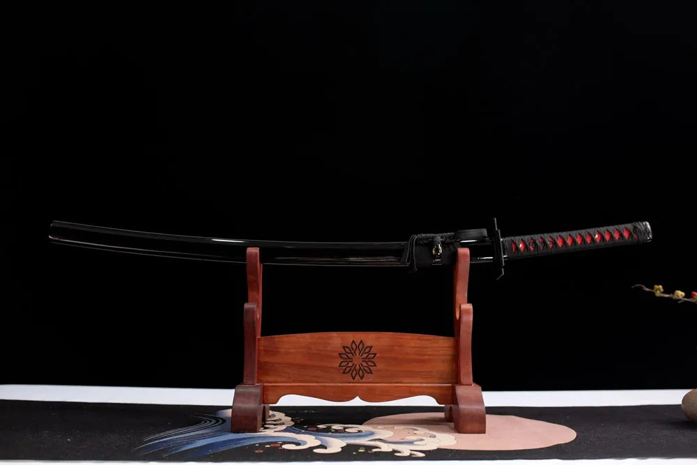 Horizontal laid closed black Tensa Zangetsu scabbard complete sword front view