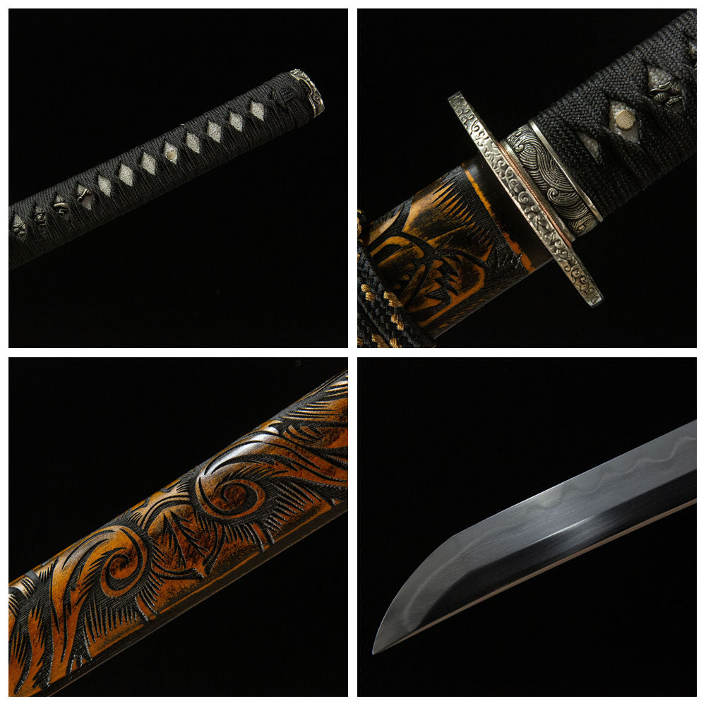 4-grid detail collage of Wind and Cloud Katana blade, handle, tsuba and carved saya