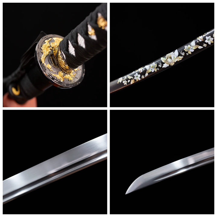This jkatana is designed for black enthusiasts, and in order not to make it too dull, we have added romantic flowers to SAYA, making it particularly beautiful in the sun. Accessories such as TSUBA have a golden plum blossom pattern. This is a Katana specially designed for chopping. So I chose 1060 high manganese steel with low price and good performance for the blade.