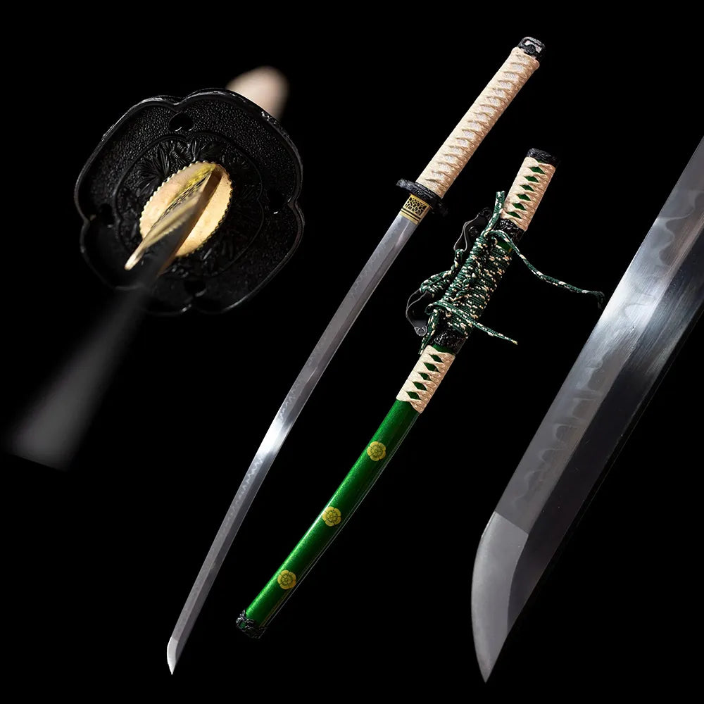 Tachi‑Green‑Sakuragawa japanese sakura‑river landscape‑art tachi drawn t10 clay‑tempered chogi‑hamon blade green‑gradient sakura‑river tachi saya full black‑background studio shot