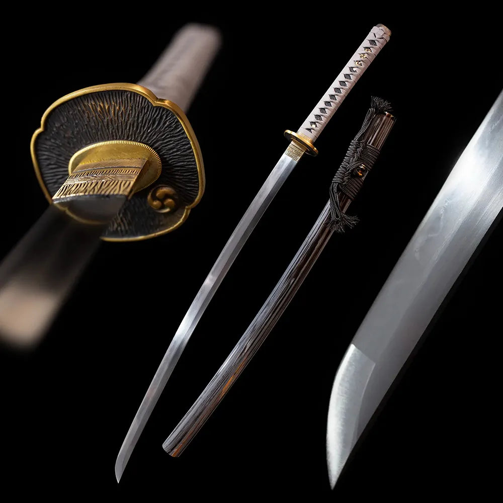 Tiankui‑Katana buke‑spartan traditional‑warlord‑motif samurai katana drawn T10 clean suguha plain‑straight hamon blade charcoal‑black natural wood‑grain saya full black‑background studio shot