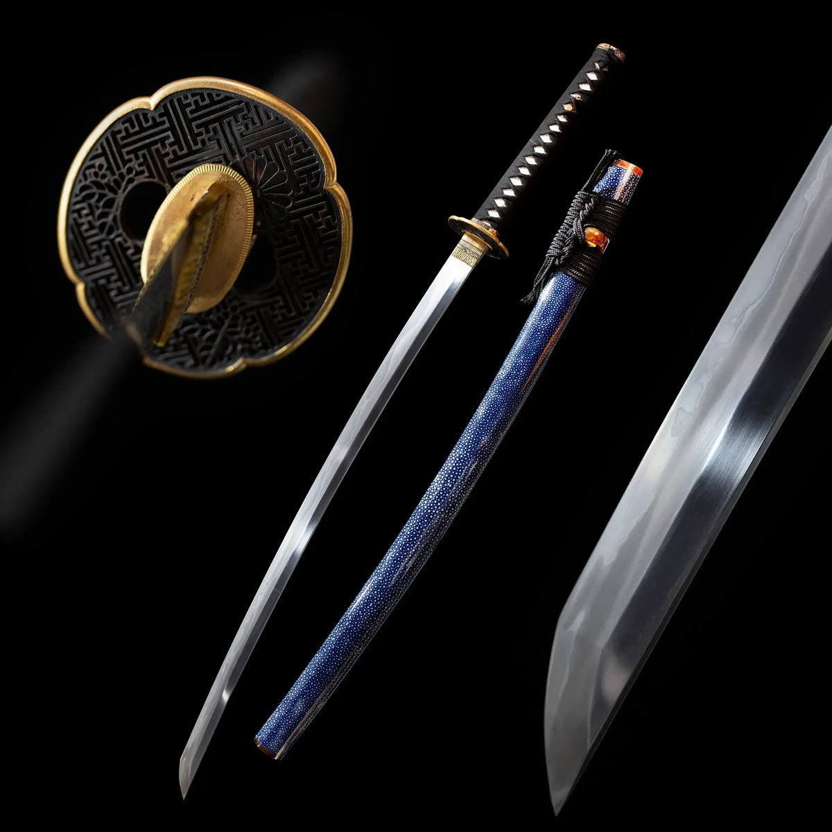 Blue‑Moon‑Katana nocturnal blue‑moon star‑cloud poetic‑motif samurai katana drawn T10 suguha‑midare moon‑wave shifting hamon blade ice‑blue moon‑pearl maki‑e saya full black‑background studio shot